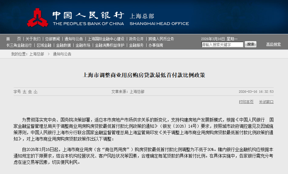 上海市调整商业用房购房贷款最低首付款比例政策